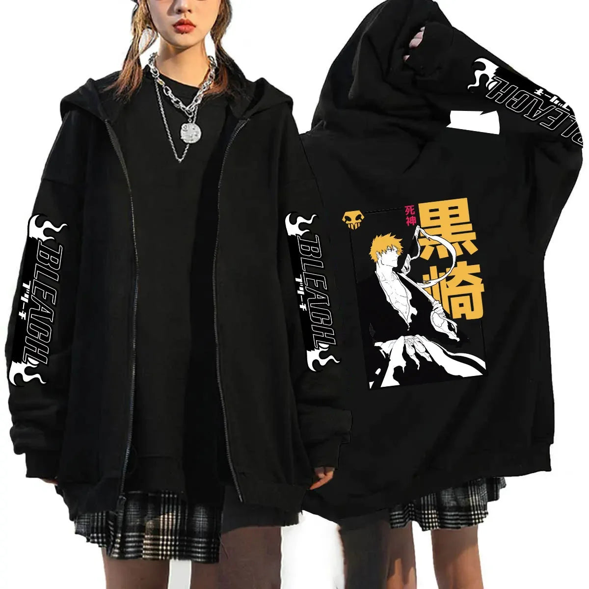A casual loose Bleach Ichigo Zip Up Hoodie featuring a Kurosaki Ichigo anime print, designed as a unisex Harajuku zipper jacket for men and women.