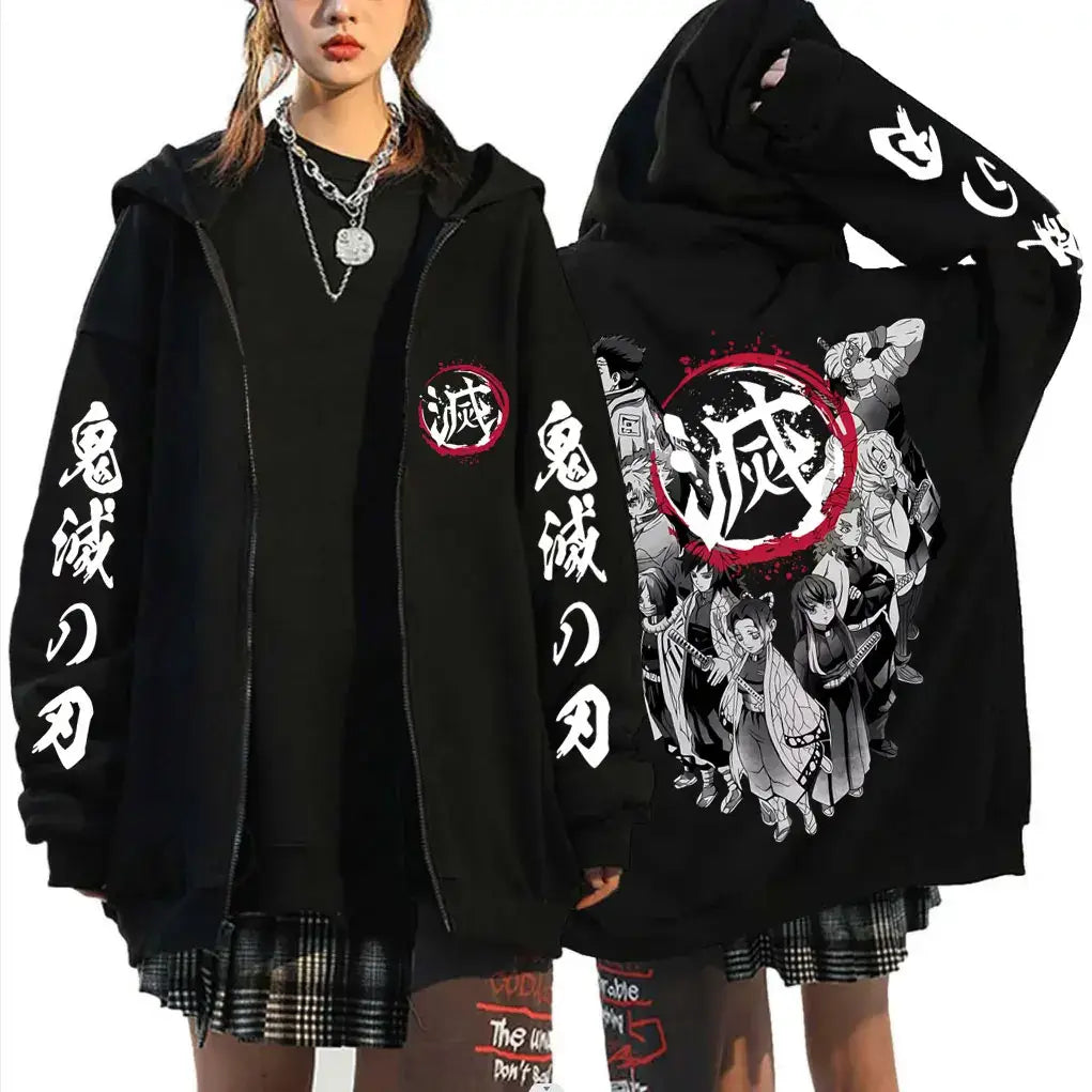 An oversized Demon Slayer Hashira Hoodie with a vintage zip-up jacket style, featuring all the Hashira members, for men and women.