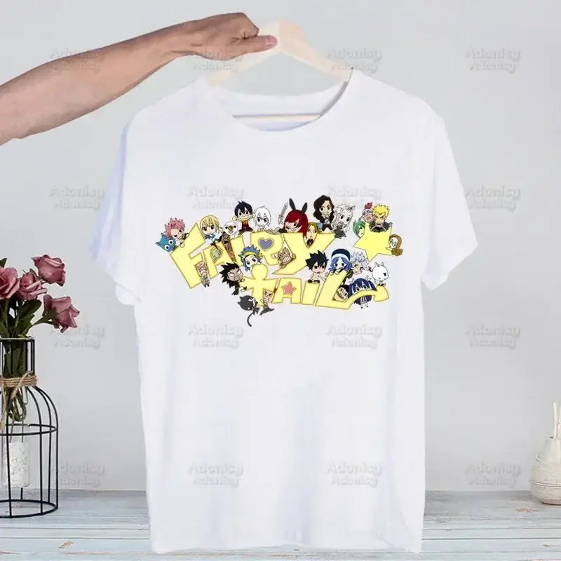 A hip hop style Fairy Tail T-shirt made of cotton featuring anime characters Natsu Dragneel and Lucy Heartfilia.