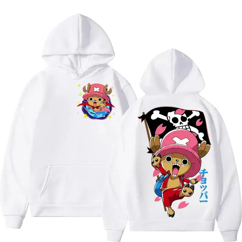 A couple wearing the oversized Harajuku Style Chopper Hoodie with a cute One Piece pattern.