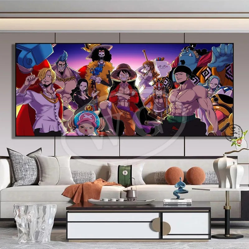 A high-quality One Piece decorative painting featuring Monkey D. Luffy, Roronoa Zoro, and Portgas D. Ace as a sofa background wall hanging.