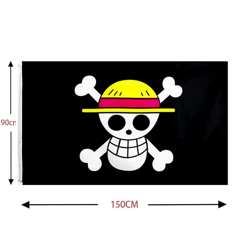 A large 90x150cm One Piece Flag featuring the classic Monkey D. Luffy Straw Hat Pirates skull and crossbones logo for wall decor.