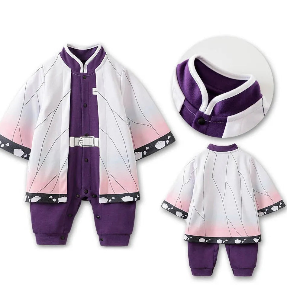 A newborn infant wearing one of the Anime Baby Rompers, a cosplay costume available in Akatsuki, Nezuko, and Tanjirou styles.