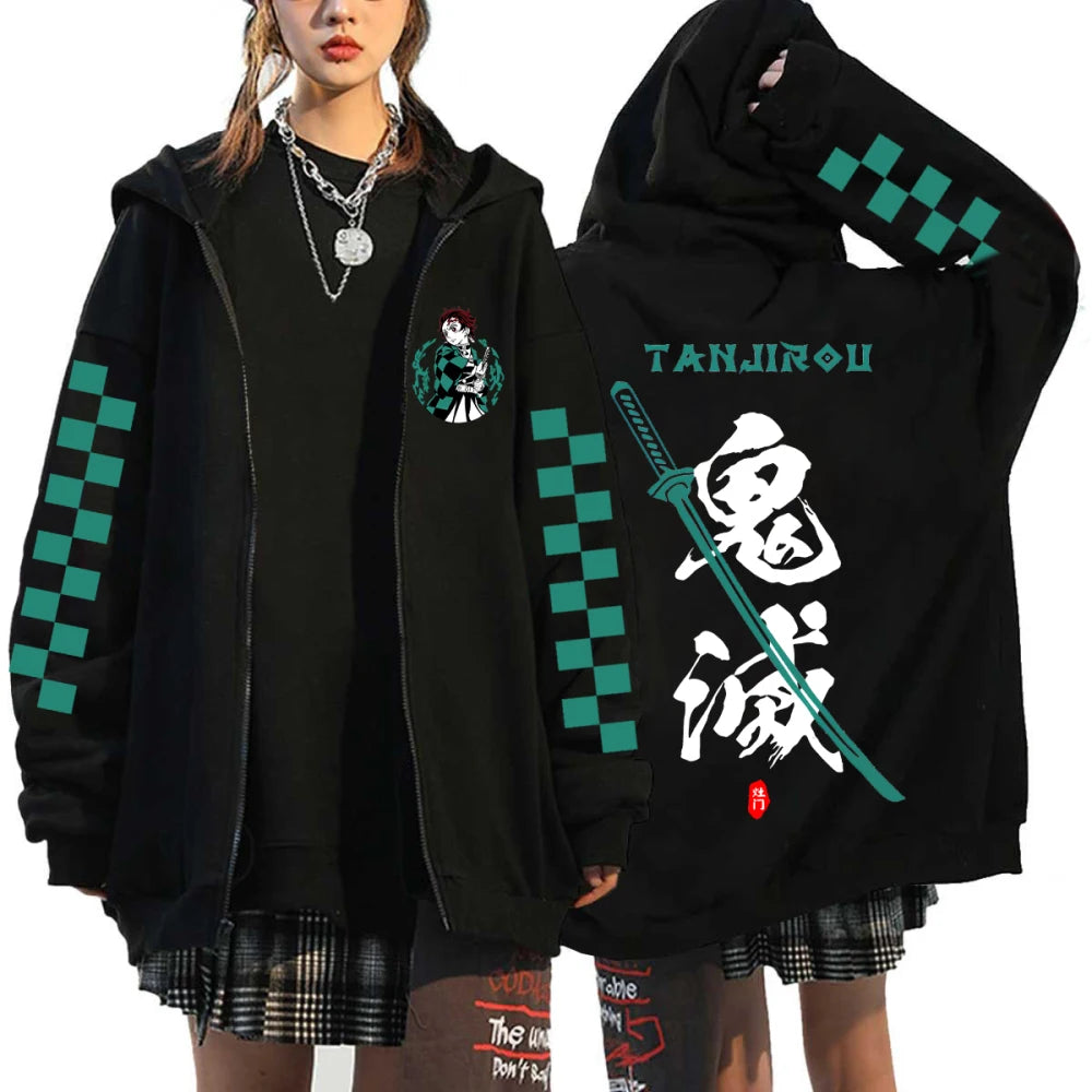 A Y2K style Demon Slayer Zip Up Hoodie featuring a Nezuko Kamado graphic, unisex hip hop streetwear for men and women.