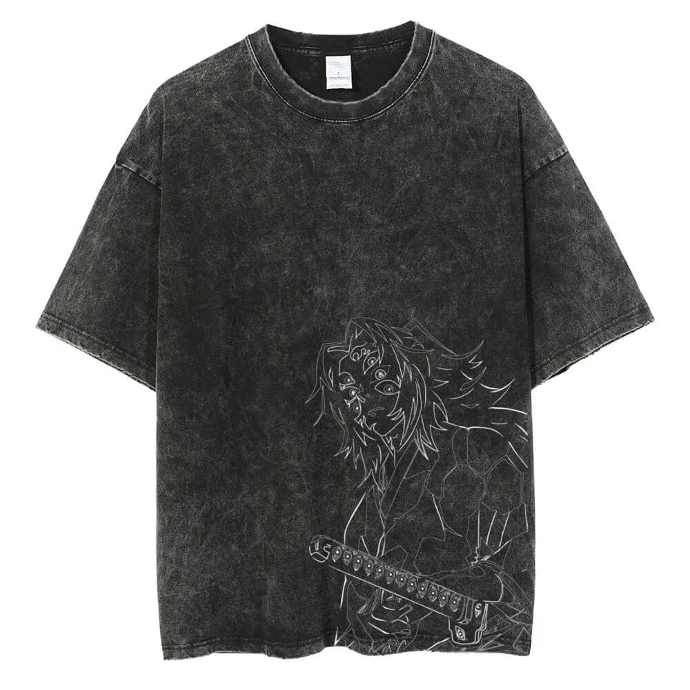 A men's vintage Demon Slayer Kamado Tanjirou Graphic Print T Shirt in a washed cotton Harajuku style.