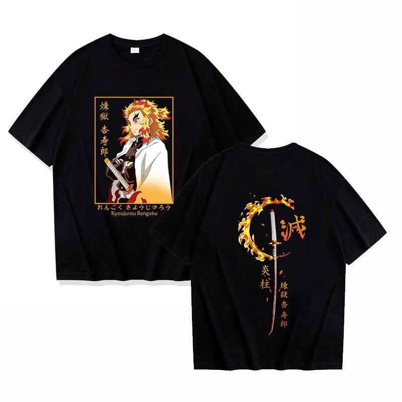 A hot new Rengoku Kyoujurou Printed Tee Shirt, a casual round neck summer unisex top for Demon Slayer fans.