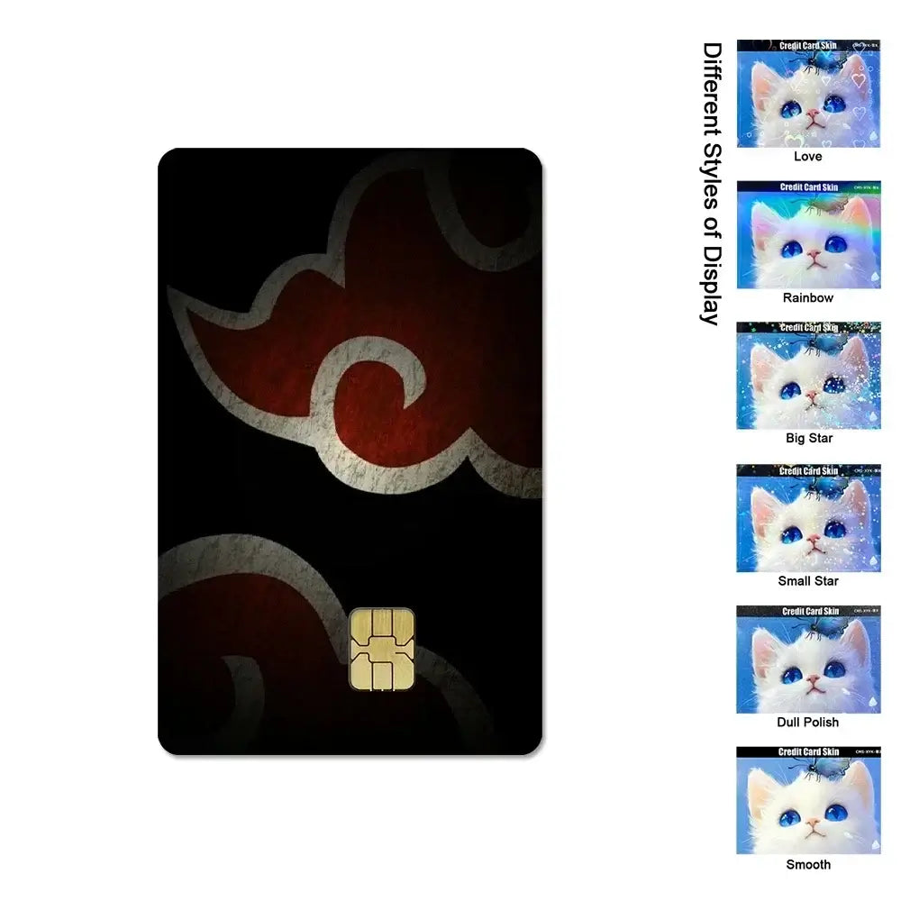 A waterproof Naruto Credit Card Skin PVC sticker featuring Uchiha Sasuke anime art applied to a standard debit bank card.