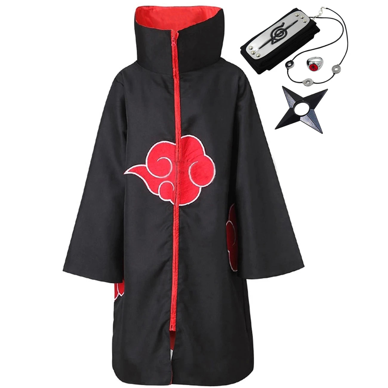 A long black Akatsuki Itachi Cloak cosplay costume featuring iconic red clouds and accessories, suitable for kids and adults for Halloween.