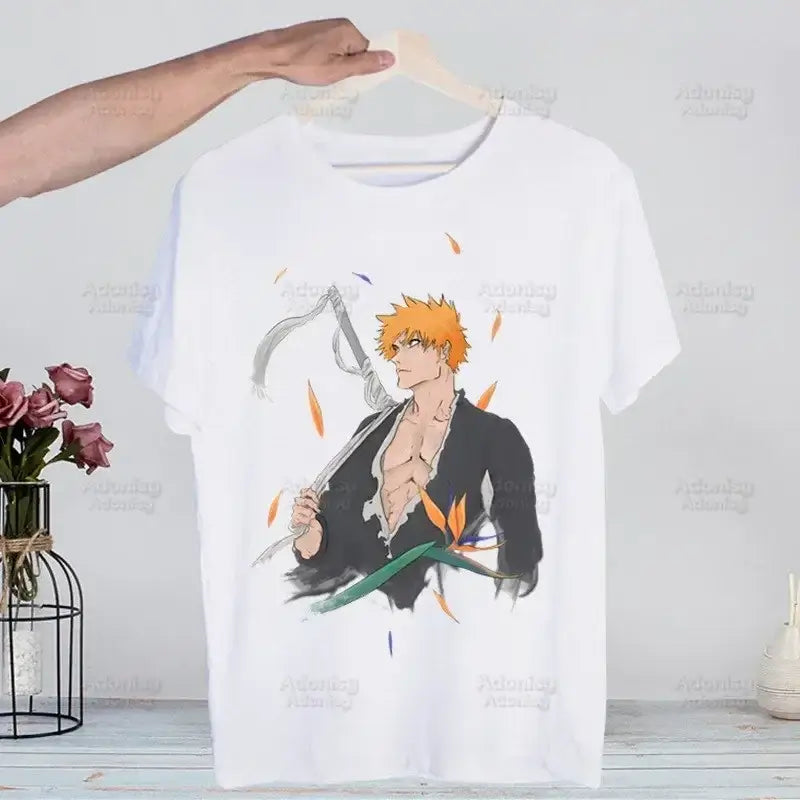 A men's Bleach Kurosaki Ichigo T-shirt in a funny Harajuku hip hop streetwear style for summer.