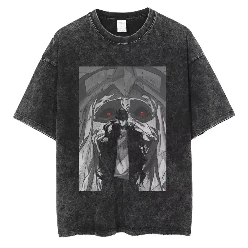 A hot unisex and plus size Solo Leveling Sung Jin-Woo Printed T Shirt in a washed cotton Harajuku style.