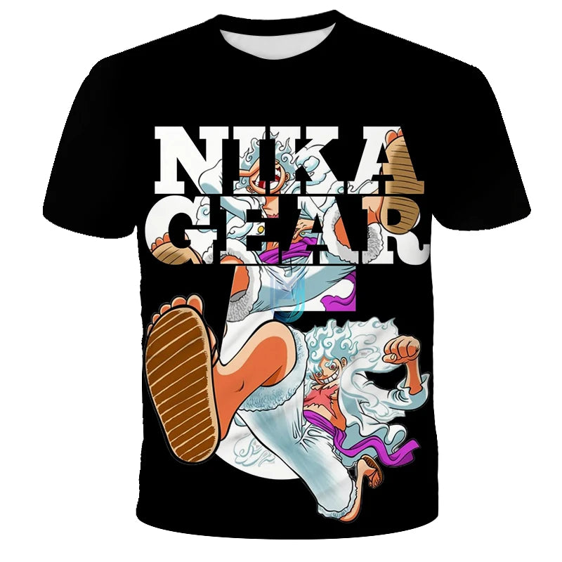 A loose-fit One Piece Luffy T-shirt featuring a cool cartoon Monkey D. Luffy graphic, designed for boys and men as casual anime streetwear.