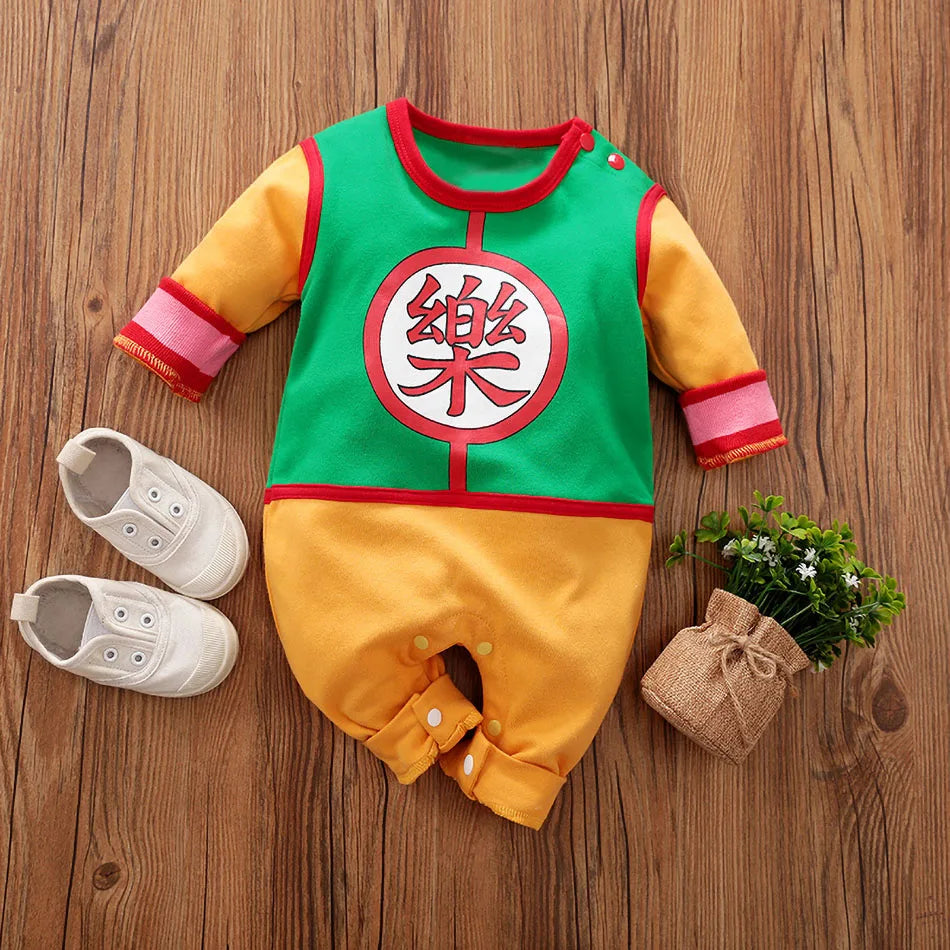 A newborn infant wearing the Baby Anime Costume, a cosplay jumpsuit available in Luffy, Akatsuki, and Vegeta styles.