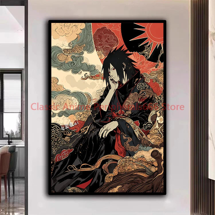 A traditional Ukiyo-e style Naruto Poster canvas painting featuring Akatsuki members Itachi and Sasuke for aesthetic home decor.
