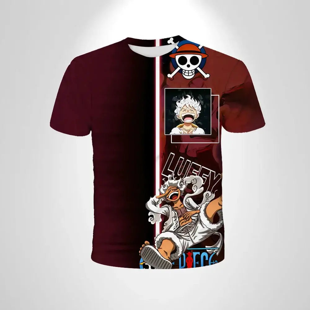 A black loose-fit One Piece Luffy T-shirt featuring a cartoon cosplay graphic of Monkey D. Luffy for men and boys.
