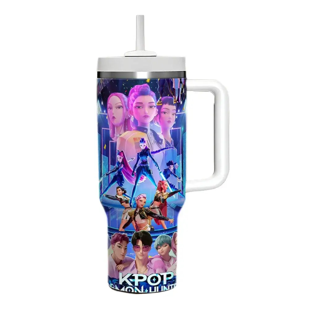 A 40oz stainless steel K-Pop Demon Hunters Cup featuring cartoon prints of anime girl group characters Rumi, Zoey, and Mira, designed for car travel.