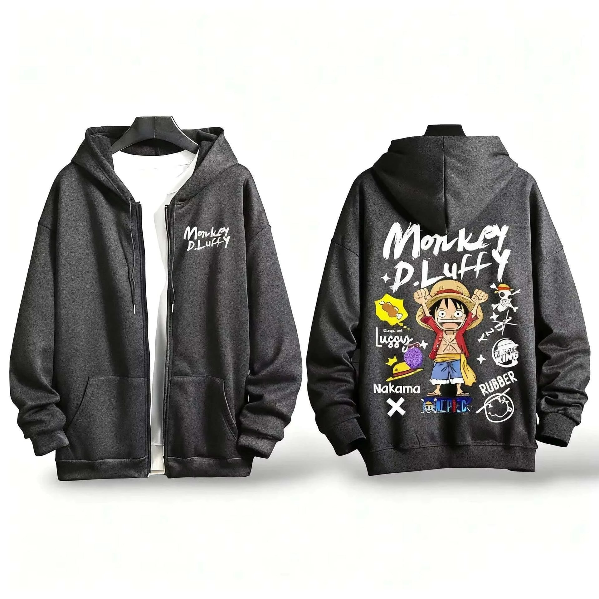 A warm, oversized One Piece Anime Zipper Hoodie in a Y2K style, suitable for men and women.