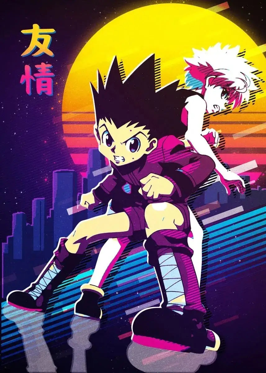 A retro style Hunter x Hunter Anime Poster printed on high-quality canvas featuring Gon and Killua, ideal for home decor and kids' bedrooms.