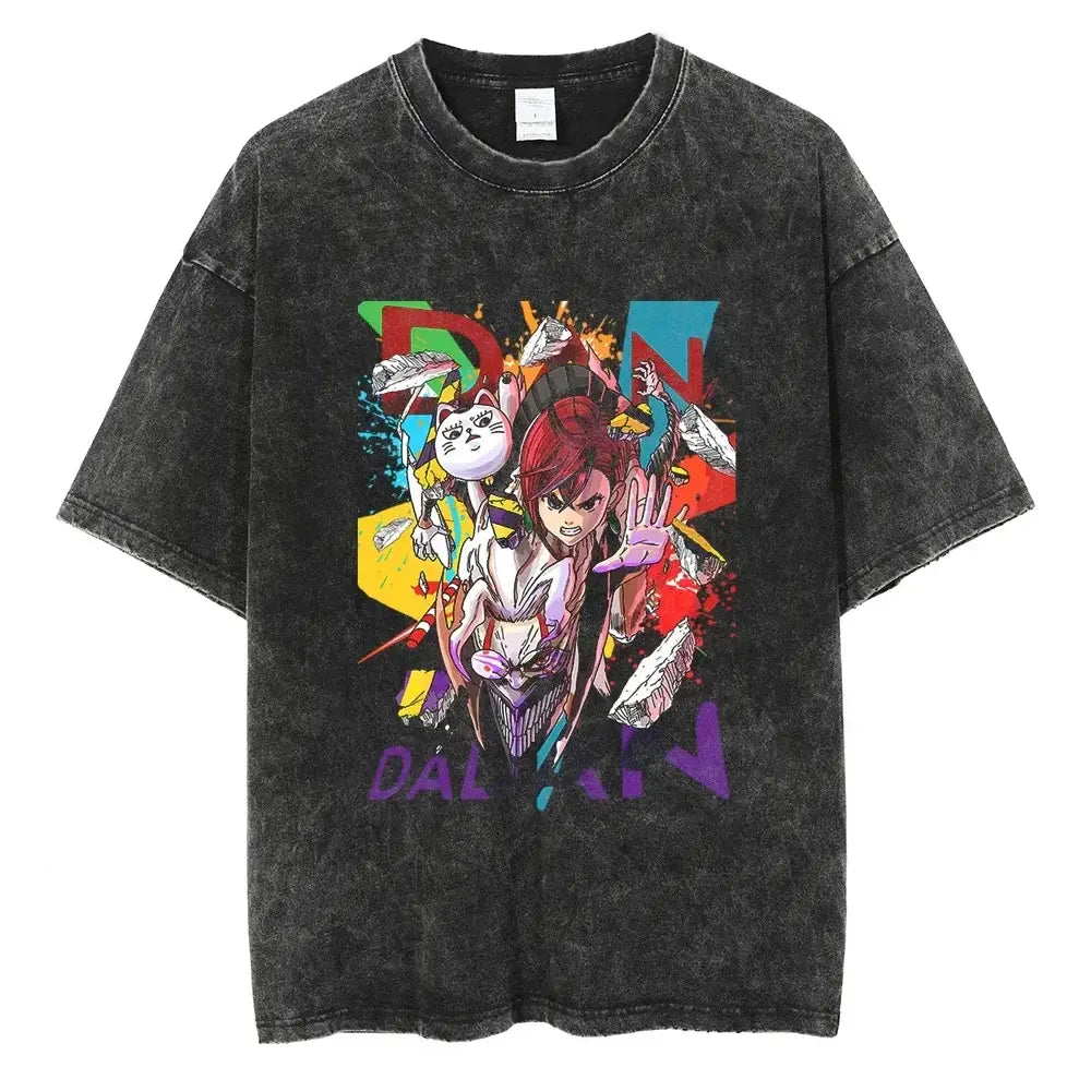 An oversized Anime Dandadan Ken Takakura T-shirt with a washed vintage print of Okarun for men.