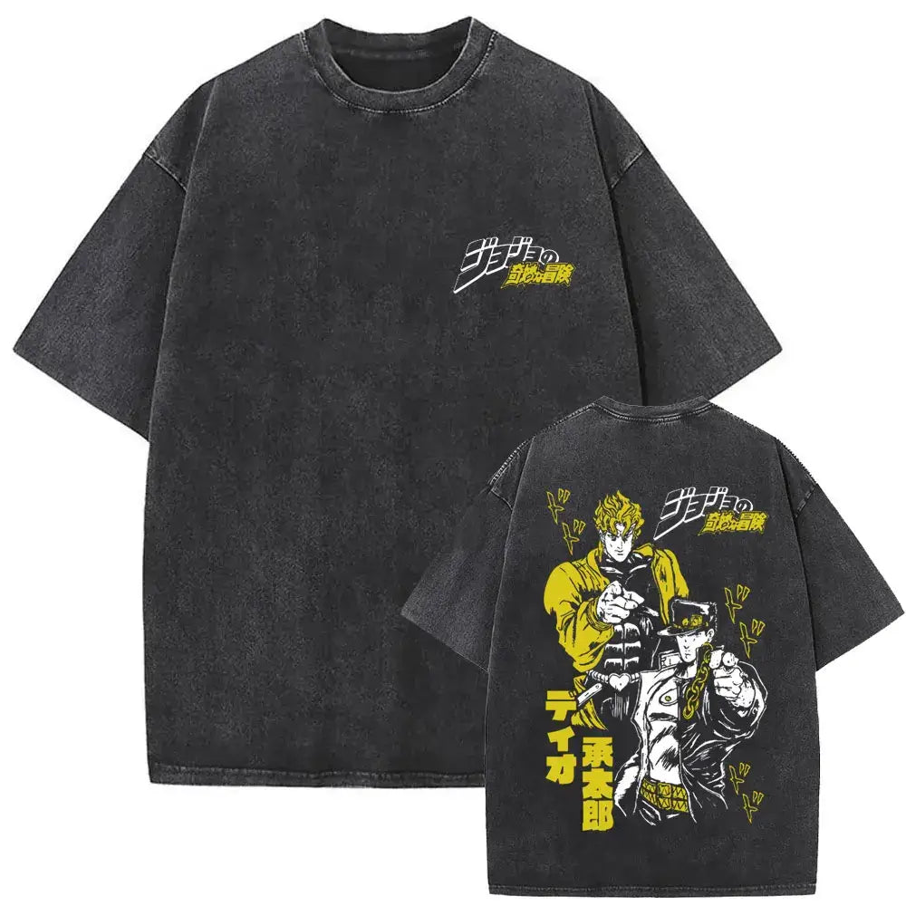 A washed Jojo Bizarre Adventure Vintage T-shirt featuring high-quality manga prints of Jotaro Kujo, Dio, and Giorno for men and women.