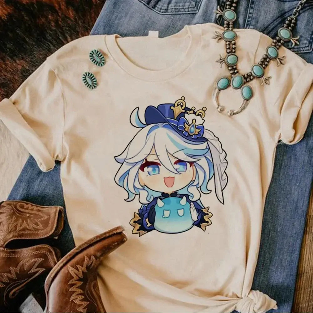 A woman wearing a funny Y2k Genshin Impact Furina T-Shirt with a comic anime design.