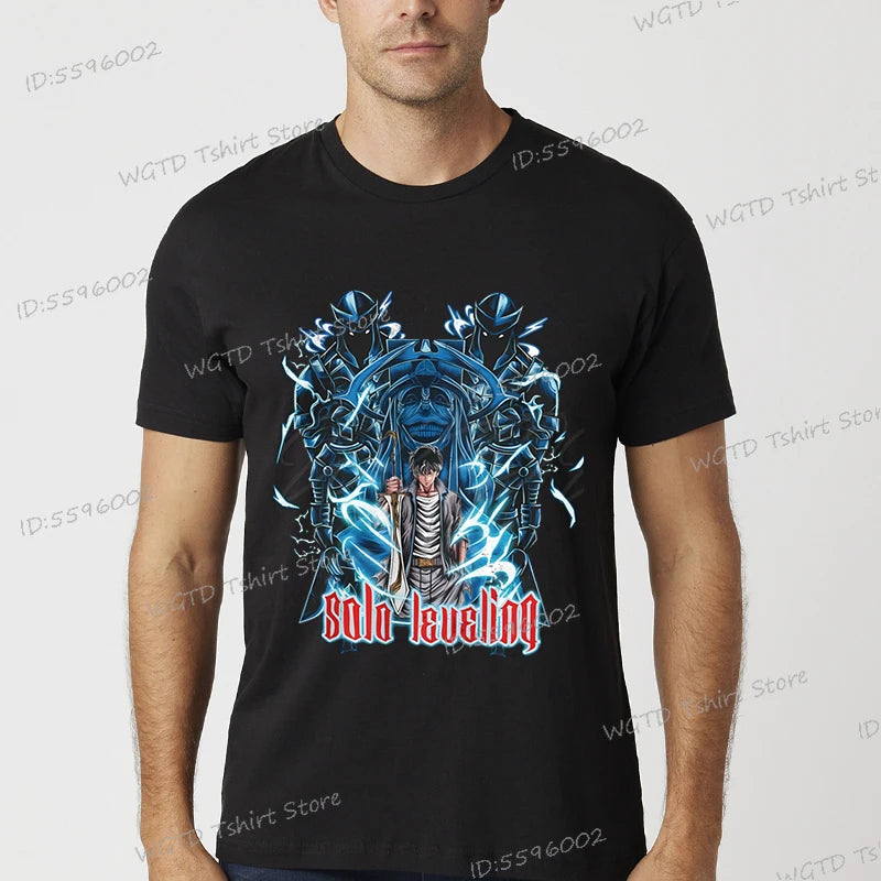 A vintage black Solo Leveling Anime T-Shirt featuring a funny Sung Jinwoo graphic print, available in sizes S to 4XL for men and women.