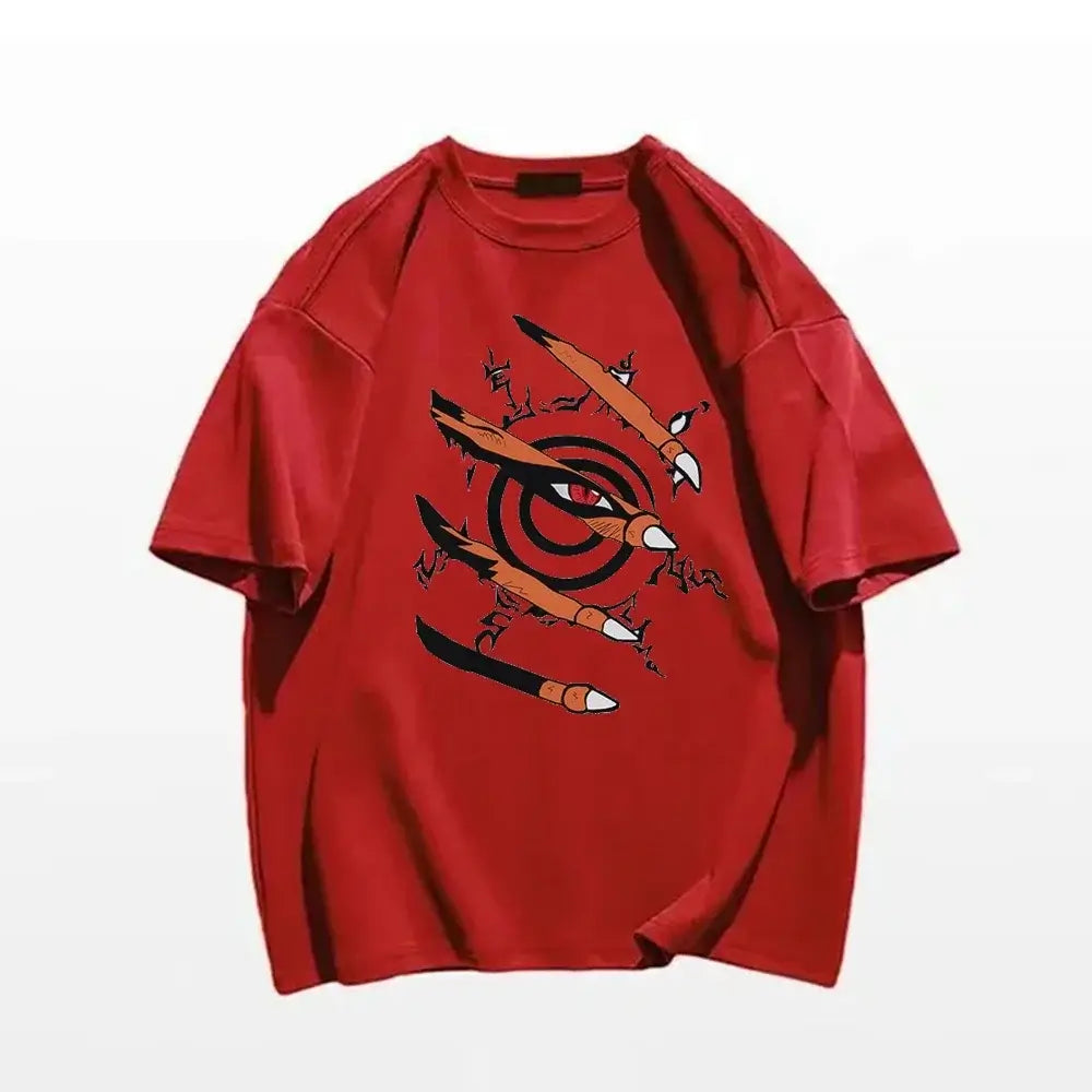 A black Naruto Graphic T-Shirt featuring a 3D effect of the Nine-Tails Kurama claws tearing through the fabric to reveal the seal and red eye.