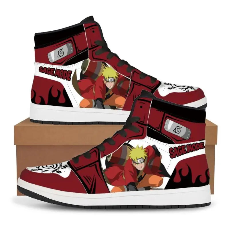 Trendy black Akatsuki High-Top Sneakers featuring the red cloud anime symbol, comfortable casual basketball shoes for men.