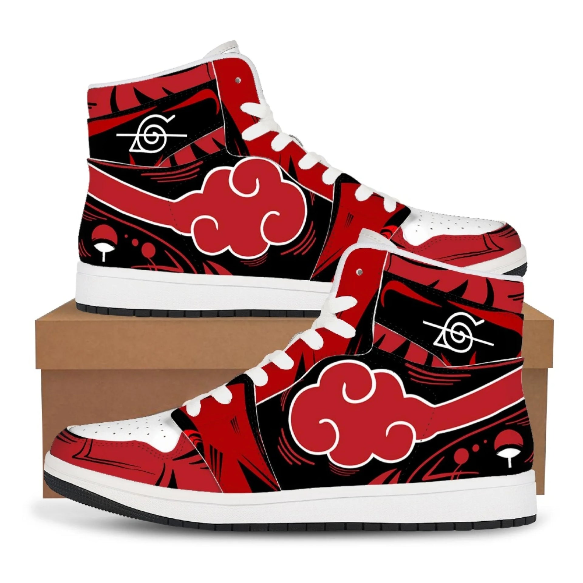Trendy black Akatsuki High-Top Sneakers featuring the red cloud anime symbol, comfortable casual basketball shoes for men.