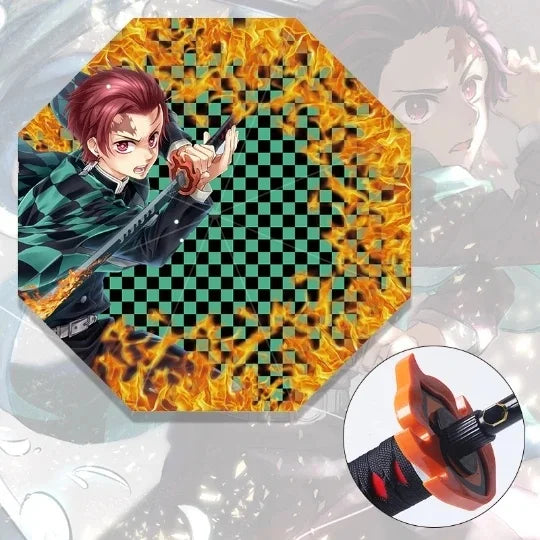 A black Tanjiro Katana Umbrella featuring a replica Nichirin sword handle and UV blocking canopy, inspired by the Demon Slayer anime.