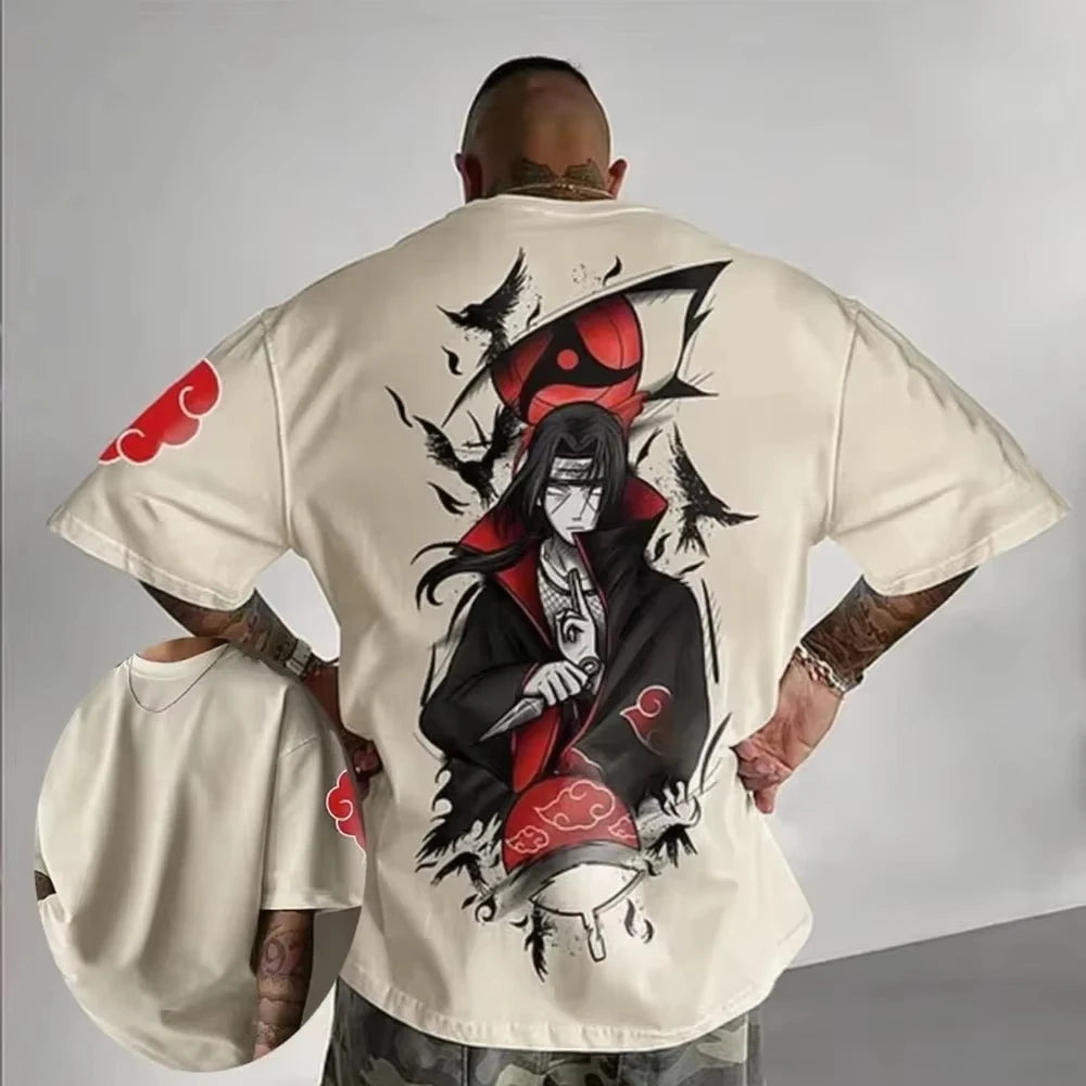 A breathable cotton Uchiha Itachi Oversized T-shirt by MINISO, featuring a sporty graphic print of the Akatsuki member for adults and children.