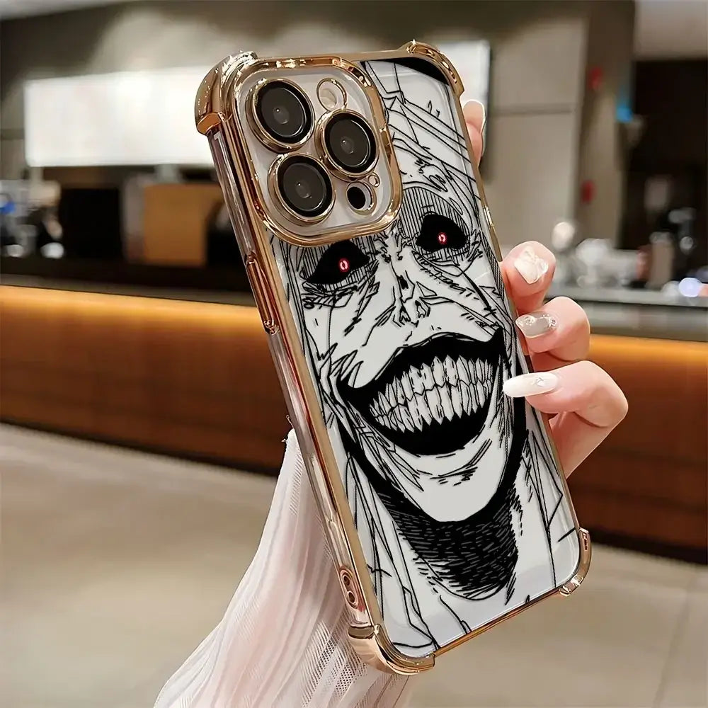 A luxury Solo Leveling Plating Case featuring Sung Jinwoo art with electroplated edges and anti-fall airbag corners for Apple iPhone 16 and 15.