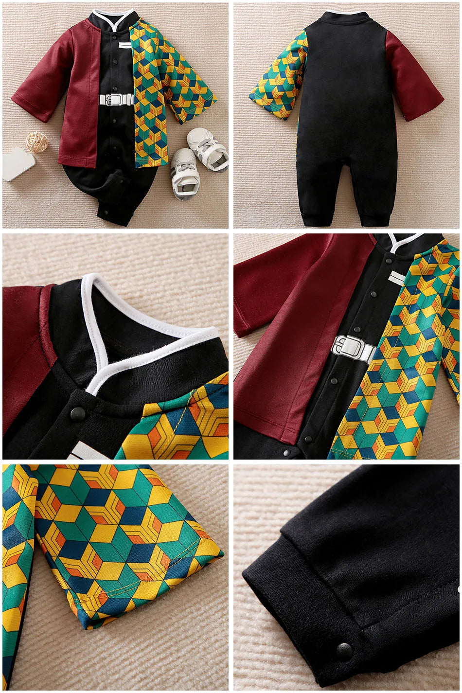 A newborn infant wearing the Baby Anime Costume, a cosplay jumpsuit available in Luffy, Akatsuki, and Vegeta styles.