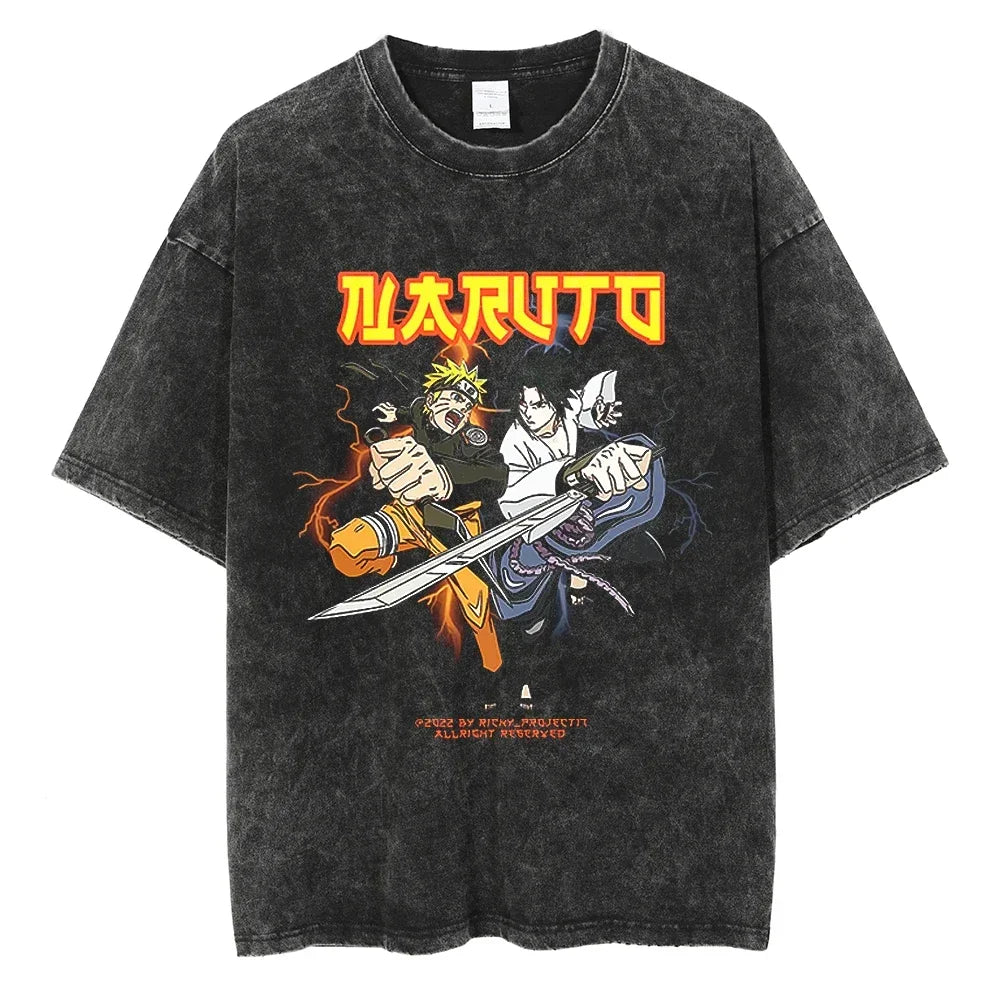 Men's vintage Naruto Rock Lee Streetwear T Shirt in a washed black style, featuring an anime graphic of the taijutsu master.