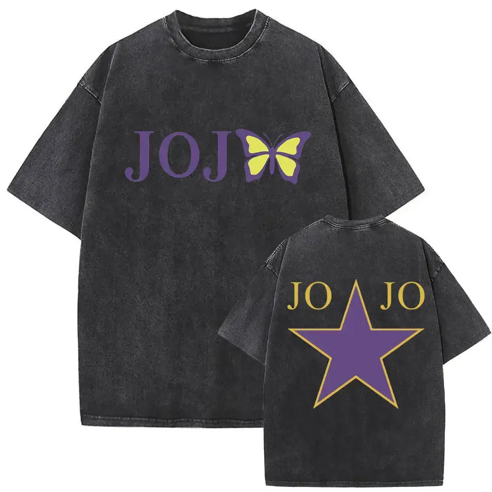 A washed Jojo Bizarre Adventure Vintage T-shirt featuring high-quality manga prints of Jotaro Kujo, Dio, and Giorno for men and women.