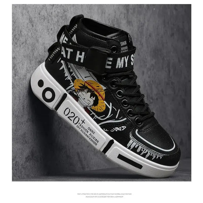 A pair of Anime One Piece Luffy High Top Shoes featuring Roronoa Zoro, designed as breathable, non-slip leisure sports sneakers for men and women.