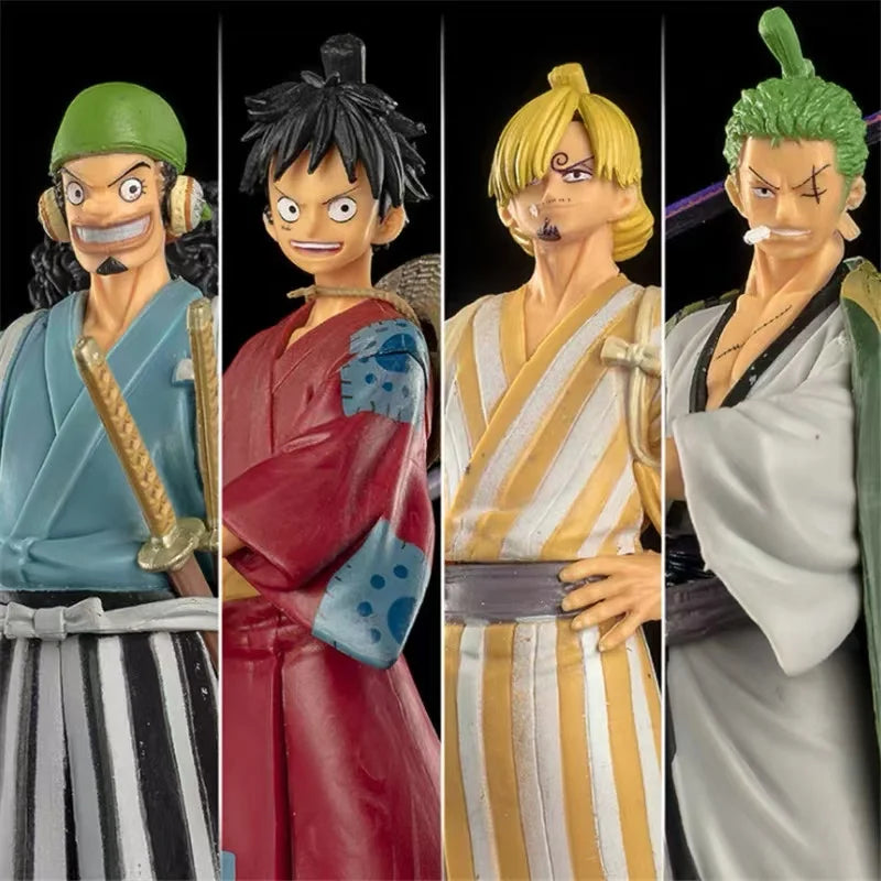 A detailed One Piece 17cm Anime Figure statue featuring Monkey D. Luffy, Roronoa Zoro, and Yamato for collection and desktop display.