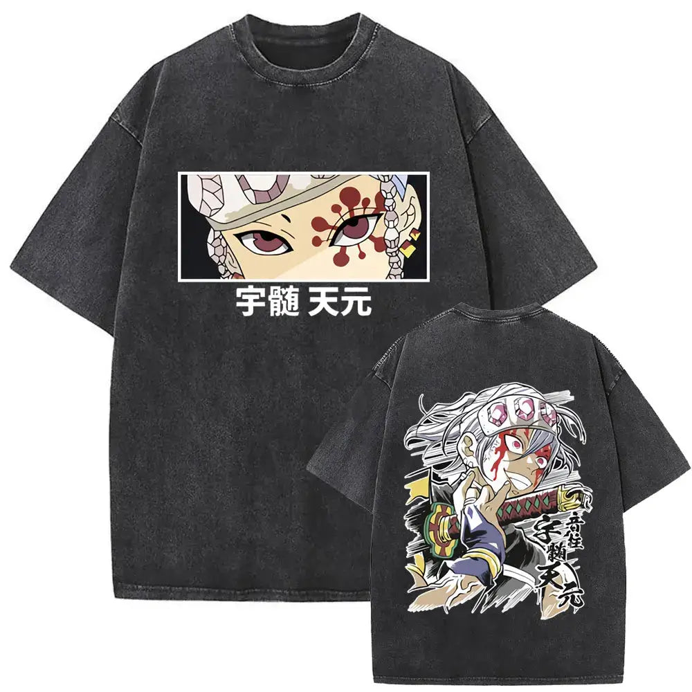 A vintage washed Demon Slayer Daki Graphic T-shirt with a cherry blossom design, an oversized casual cotton tee for men and women.