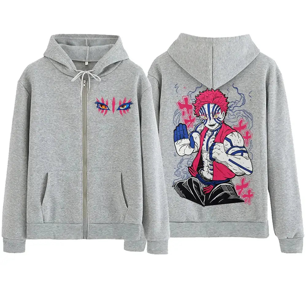 An oversized Harajuku Demon Slayer Akaza Hoodie for men and women, featuring a printed design of Akaza and the Infinity Castle.