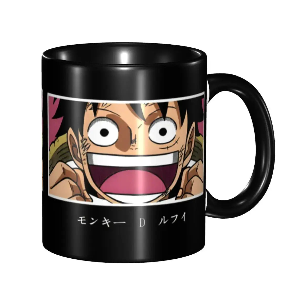 A ceramic Monkey D Luffy Quotes One Piece Mug featuring funny anime text and pirate character art, designed as a durable present for kids.