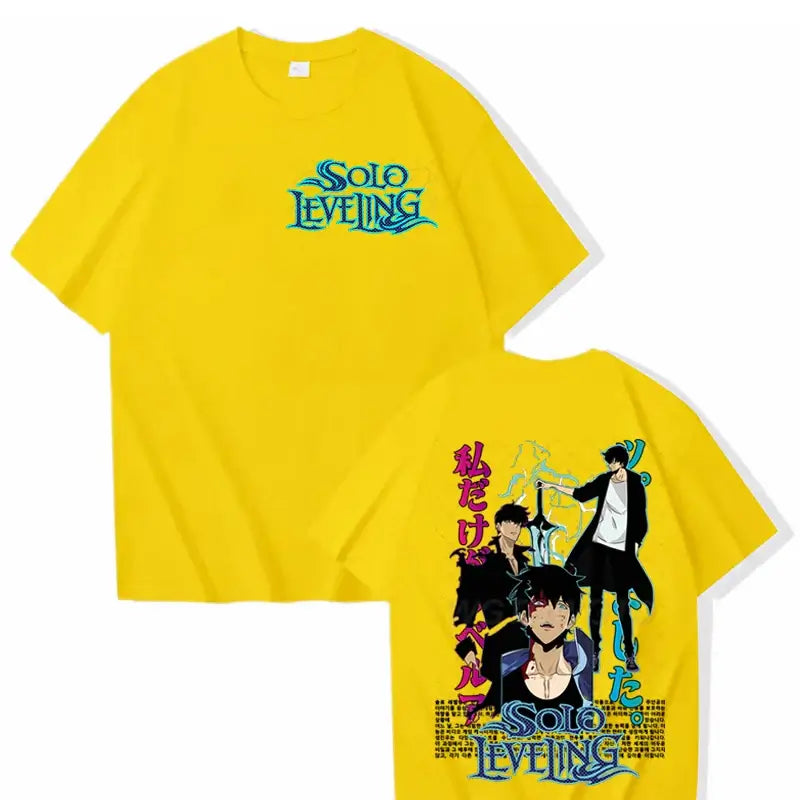 A cool black Solo Leveling T-shirt made of cotton, featuring a high-definition Sung Jinwoo anime graphic in Harajuku street style for men and women.