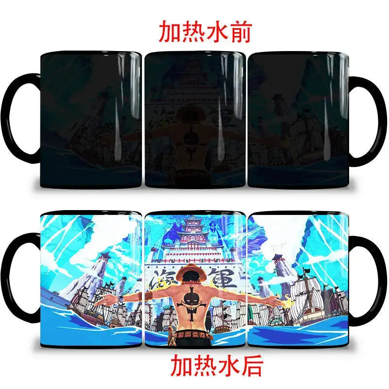 A ceramic One Piece Color Changing Mug revealing Gear 5 Nika Luffy and Fire Fist Ace artwork when filled with hot liquid.