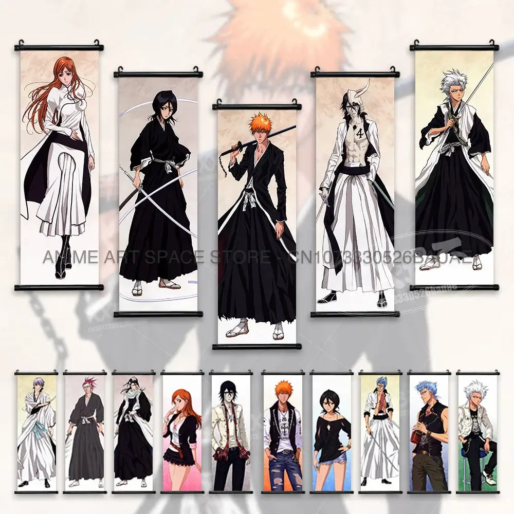 High-quality Bleach Anime Posters Japanese hanging scroll featuring Kurosaki Ichigo and Kuchiki Rukia printed on durable canvas for home decor.