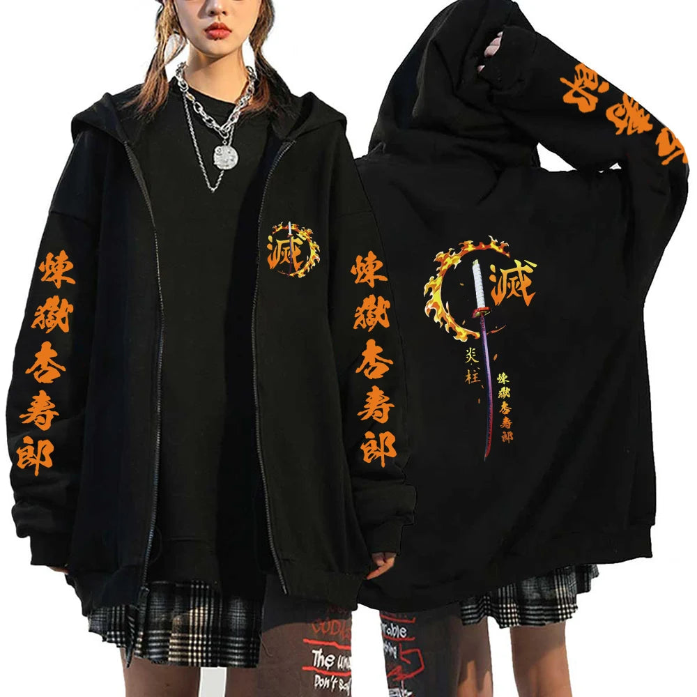 A Y2K style Demon Slayer Zip Up Hoodie featuring a Nezuko Kamado graphic, unisex hip hop streetwear for men and women.
