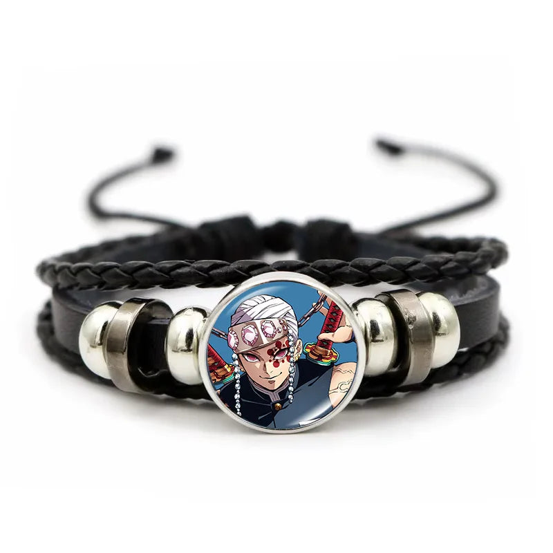 A woven leather Demon Slayer Bracelet featuring a glass art photo charm of Tanjiro Kamado and Nezuko, designed as an anime accessory for fans.