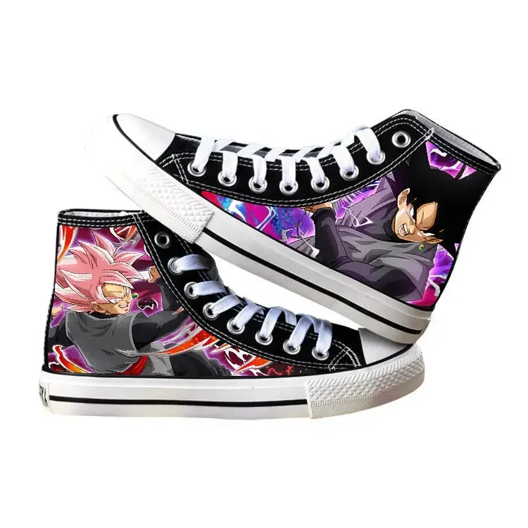 Trendy Dragon Ball High Top Canvas Shoes featuring Goku and Vegeta animation art, breathable flat sneakers for students and fans.
