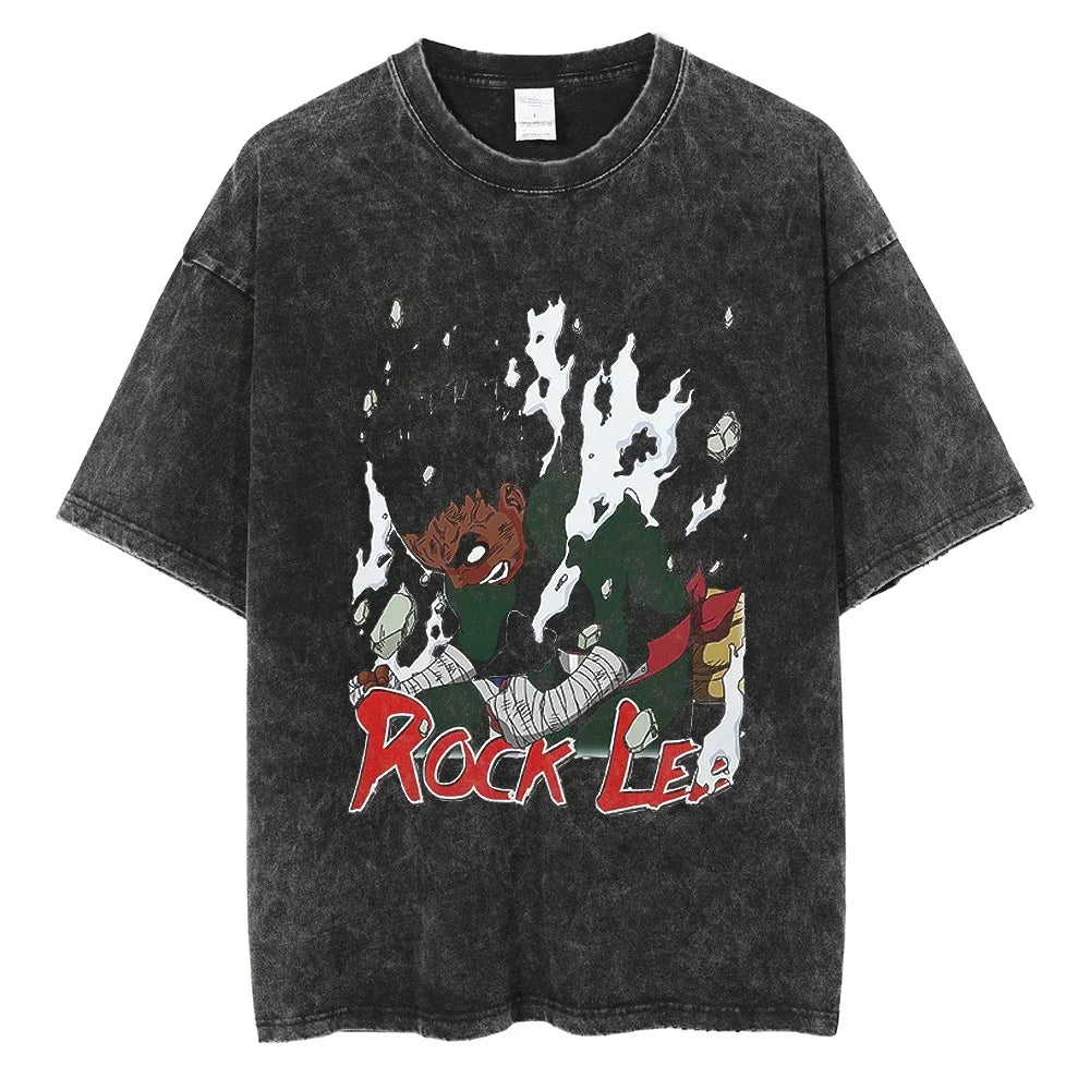 Men's vintage Naruto Rock Lee Streetwear T Shirt in a washed black style, featuring an anime graphic of the taijutsu master.