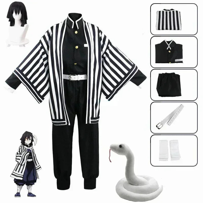 A complete Iguro Obanai Cosplay Costume featuring the black and white striped kimono, Demon Slayer uniform, and wig for Halloween parties.