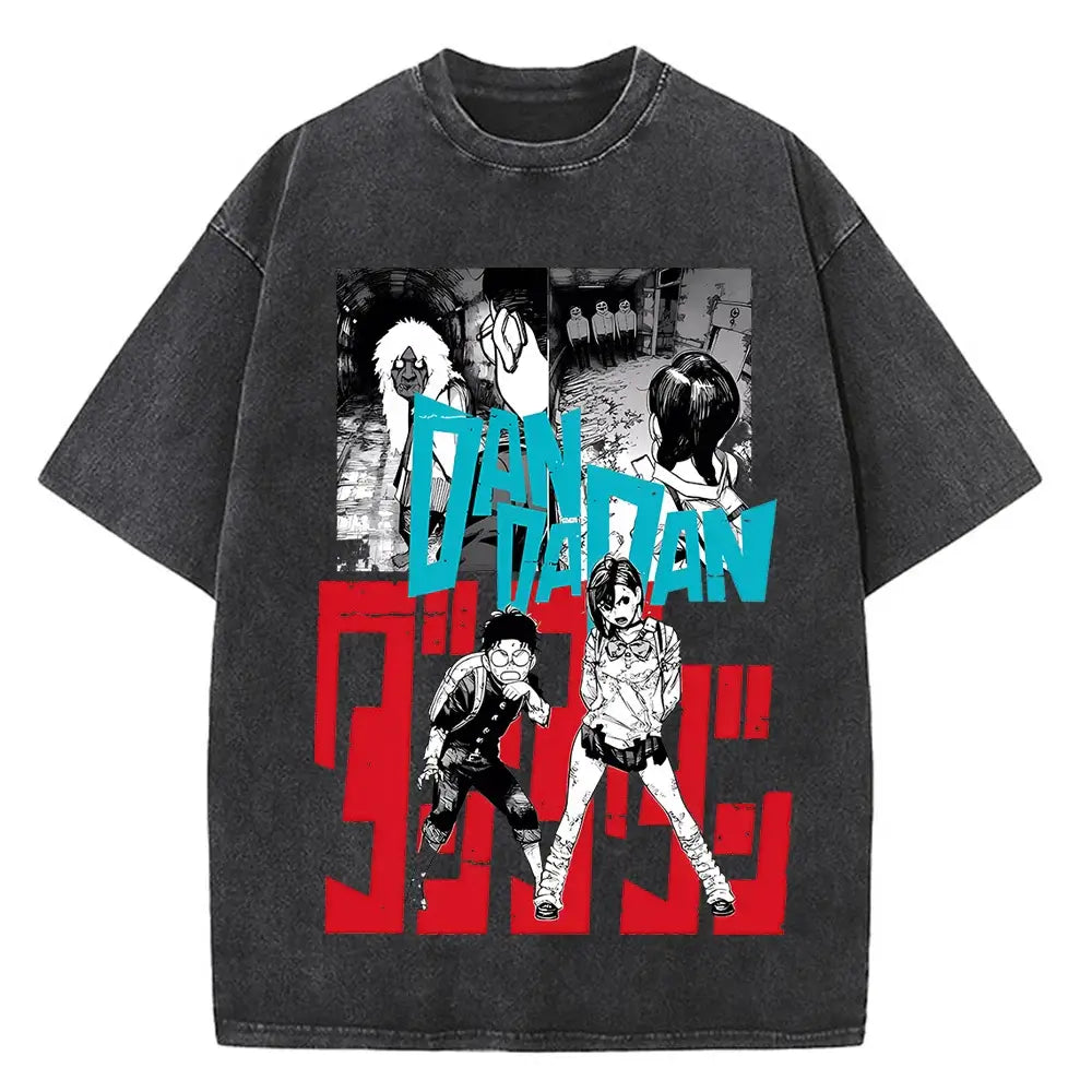 A high-quality cotton men's Dandadan Okarun T-shirt with a Japanese anime cartoon print and aesthetic fashion design.