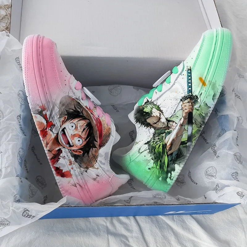 Trendy Roronoa Zoro Shoes featuring a green two-dimensional anime design, lightweight low-top sneakers for boys and men.