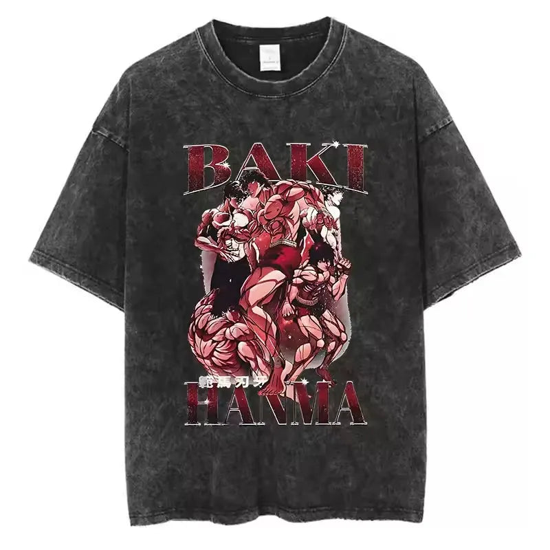 A high-quality pure cotton Baki Anime T-shirt featuring a graphic print of Baki Hanma, designed as a casual loose fit top for men and women.